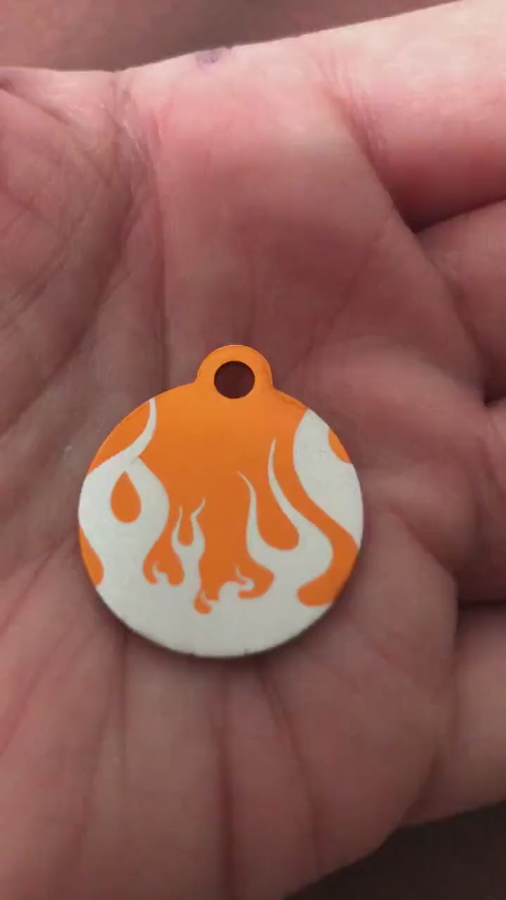 Punk Print Flames Design, Small Orange Circle Personalized Aluminum Tag Diamond Engraved Dog Tag Cat Tag Small Animal Tag Human ID Tag Kitty