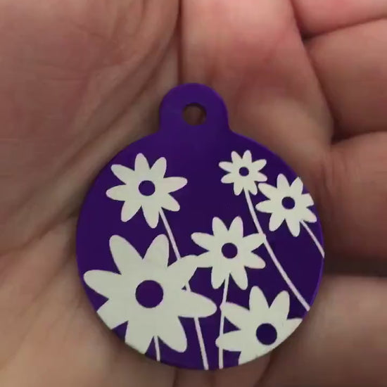 Daisy Floral Print Large Pink Circle, Personalized Aluminum Tag, Diamond Engraved, Dog Tag Cat Tag Small Animal Tag Human ID Tag Kitty Puppy