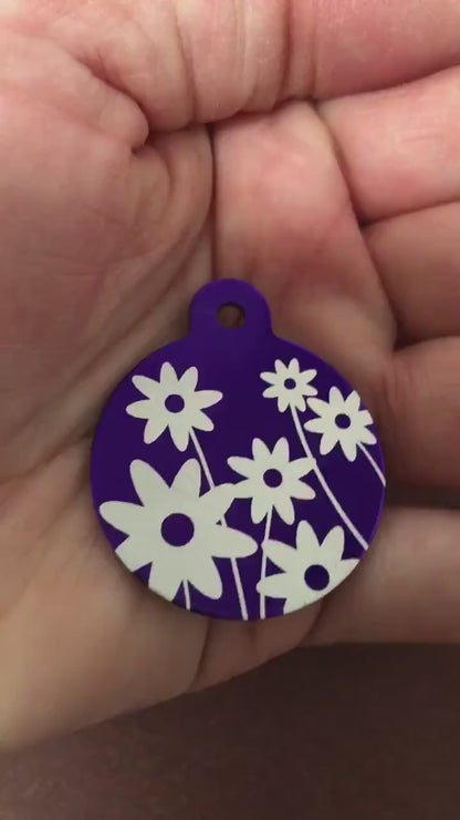 Daisy Floral Print Large Pink Circle, Personalized Aluminum Tag, Diamond Engraved, Dog Tag Cat Tag Small Animal Tag Human ID Tag Kitty Puppy