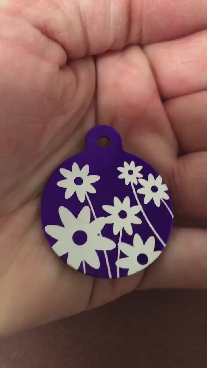 Daisy Floral Print Large Pink Circle, Personalized Aluminum Tag, Diamond Engraved, Dog Tag Cat Tag Small Animal Tag Human ID Tag Kitty Puppy