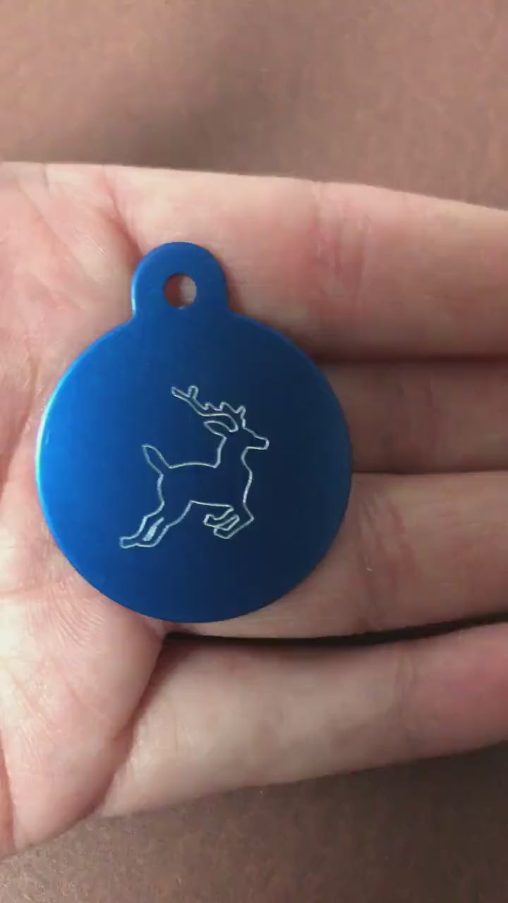 Deer, Large Circle Aluminum Tag, Personalized Diamond Engraved, Cat Tag, Dog Tag, Human ID Tag for Bags, Backpacks, Key Chain CAcAPLCT