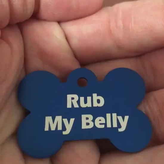 Rub My Belly, Large Blue Bone Aluminum Tag, Personalized Diamond Engraved, Dog Tag, Puppy Tag, ID Tag, Tag for Dog Collar RMMLBB