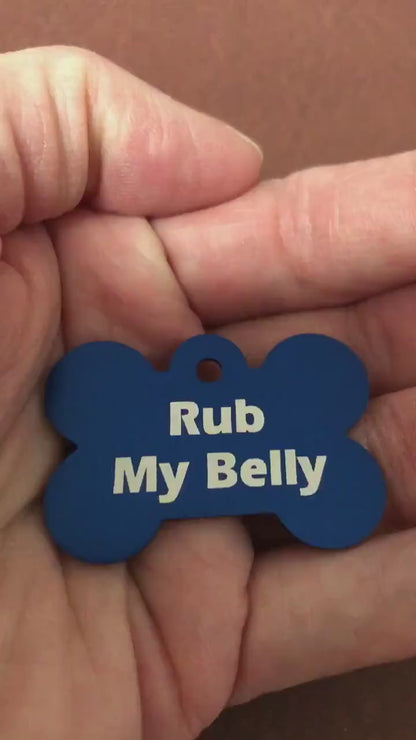 Rub My Belly, Large Blue Bone Aluminum Tag, Personalized Diamond Engraved, Dog Tag, Puppy Tag, ID Tag, Tag for Dog Collar RMMLBB