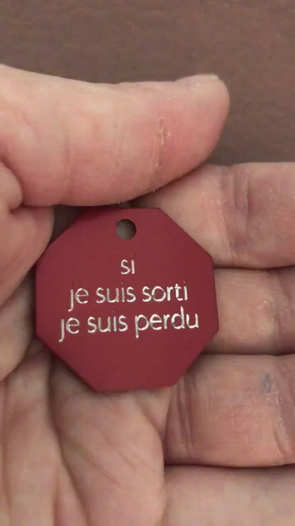 si je suis sorti je suis perdu, Large Stop Sign, Aluminum Tag, Available in Red or Gold Personalized Diamond Engraved Cat Dog Tags SJSSLSS