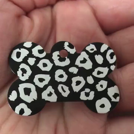 Leopard, Large Black Bone Dog Tag Personalized Aluminum Tag Diamond Engraved Dog Tag Cat Tag Small Animal Tag Kitty Tag Puppy, LEOLBB