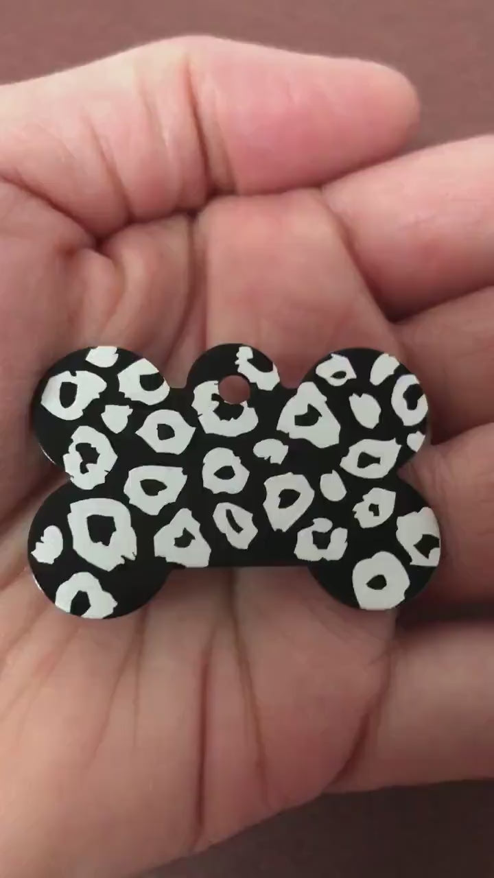 Leopard, Large Black Bone Dog Tag Personalized Aluminum Tag Diamond Engraved Dog Tag Cat Tag Small Animal Tag Kitty Tag Puppy, LEOLBB