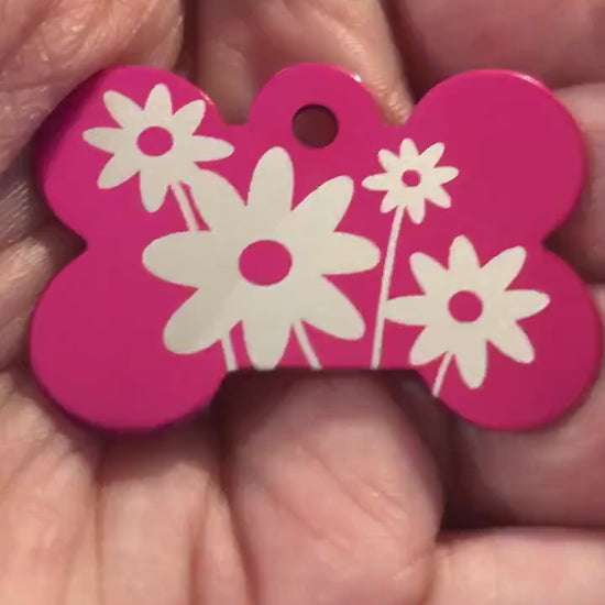 Daisy Floral Print Large Pink Bone Personalized Aluminum Tag Diamond Engraved Dog Tag Cat Tag Small Animal Tag Human ID Tag Kitty Tag Puppy