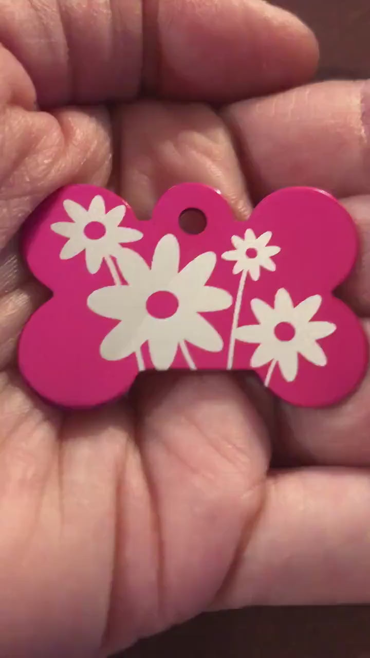 Daisy Floral Print Large Pink Bone Personalized Aluminum Tag Diamond Engraved Dog Tag Cat Tag Small Animal Tag Human ID Tag Kitty Tag Puppy