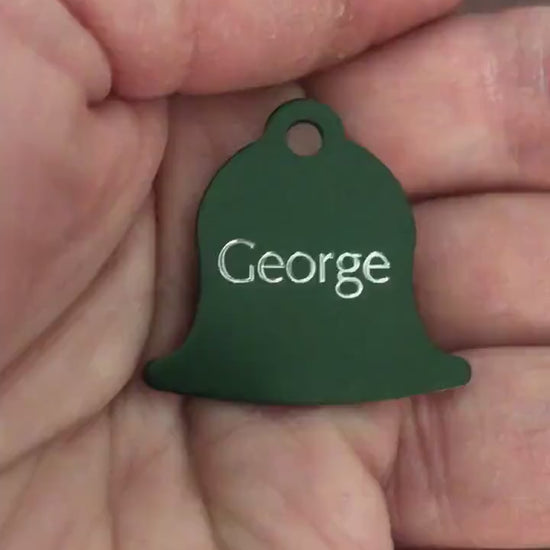 Small Dark Green Bell Aluminum Tag, Personalized Diamond Engraved, Pet Cat Dog Personal ID Tag, For Bags Backpacks, Collars, and Key Chains