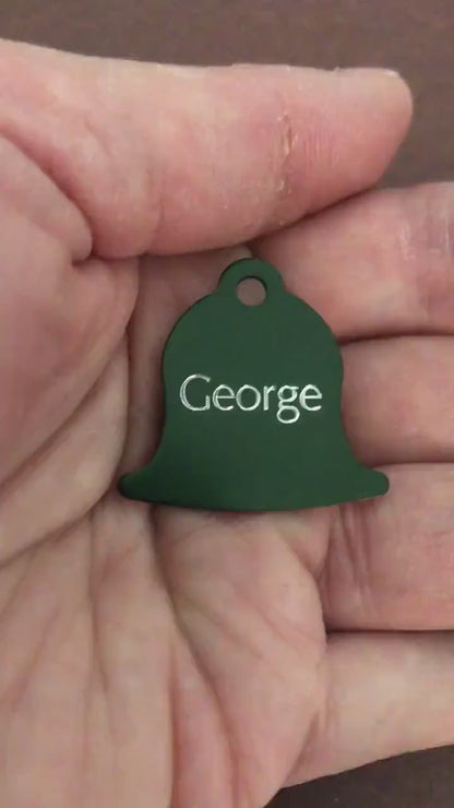 Small Dark Green Bell Aluminum Tag, Personalized Diamond Engraved, Pet Cat Dog Personal ID Tag, For Bags Backpacks, Collars, and Key Chains