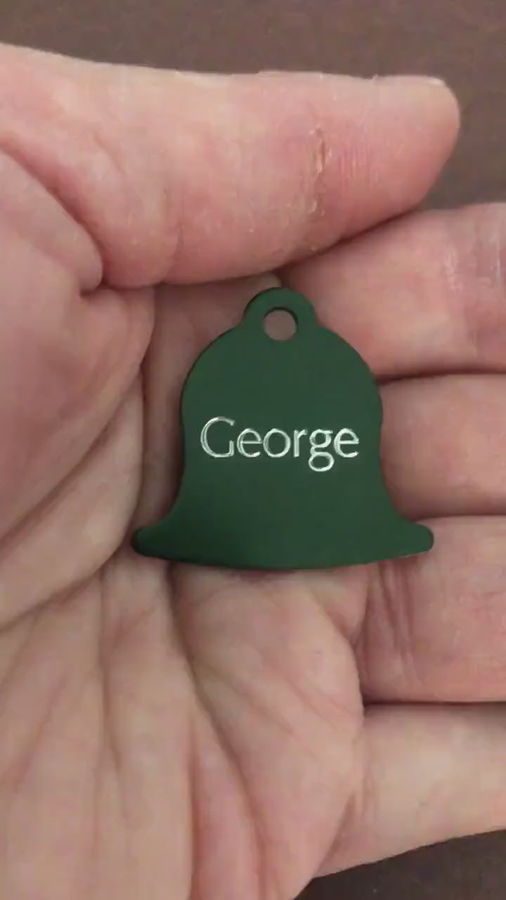 Small Dark Green Bell Aluminum Tag, Personalized Diamond Engraved, Pet Cat Dog Personal ID Tag, For Bags Backpacks, Collars, and Key Chains