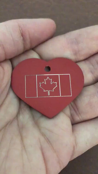 Canadian Flag, Large Heart Aluminum Tag, Personalized Diamond Engraved, Personal ID Tag, For Bags, Backpacks, Key Chains, CA2APLHT