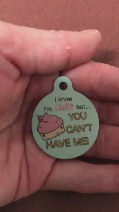 I Know I'm cute but... YOU CAN'T Have Me! Dog Tag Cat Tag Large Circle Tag Personalized Aluminum Tag Diamond Engraved Puppy Tag Kitty Tag