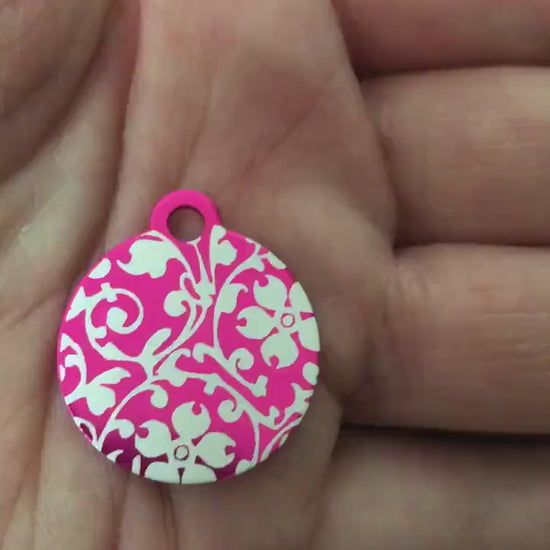 Ornate Floral Print Small Circle Pink Aluminum Tag, Personalized Diamond Engraved, Dog Tag, ID Tag, Cat Tag, Kitten Tag Puppy Tag