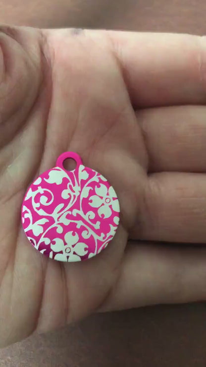 Ornate Floral Print Small Circle Pink Aluminum Tag, Personalized Diamond Engraved, Dog Tag, ID Tag, Cat Tag, Kitten Tag Puppy Tag