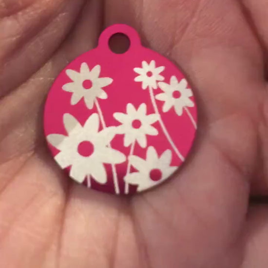 Daisy Floral Print Small Circle Pink Aluminum Tag Personalized Diamond Engraved Dog Tag ID Tag Cat Tag Kitten Tag Puppy Tag, DFPSPICT