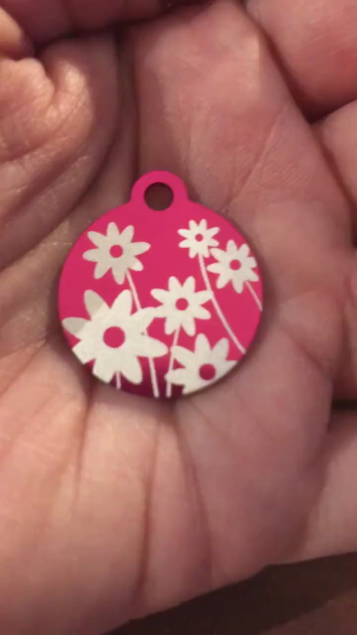 Daisy Floral Print Small Circle Pink Aluminum Tag Personalized Diamond Engraved Dog Tag ID Tag Cat Tag Kitten Tag Puppy Tag, DFPSPICT
