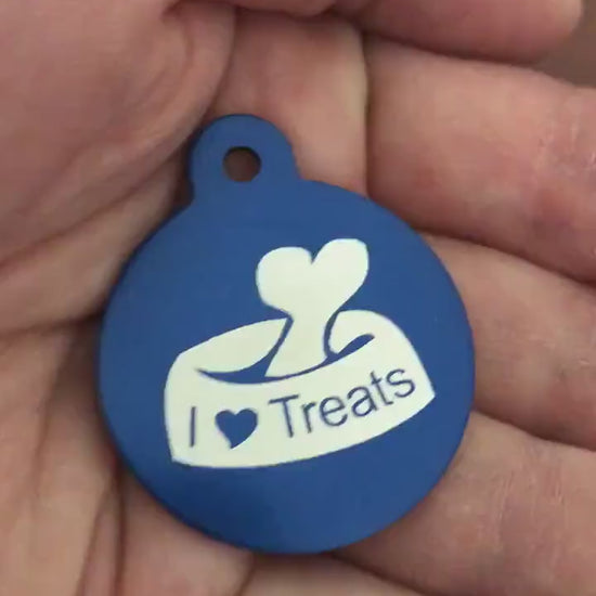 I Love Treats, Large Blue Circle Tag, Personalized Aluminum Tag, Diamond Engraved, Dog Tag, Cat Tag, Animal Tag, Kitty Tag, Puppy Tag,