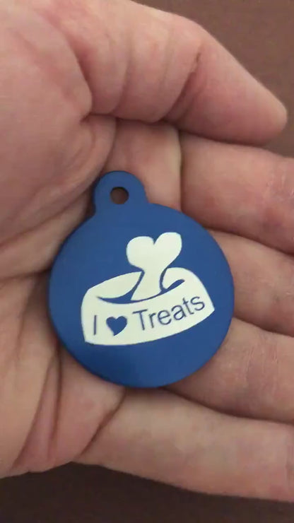 I Love Treats, Large Blue Circle Tag, Personalized Aluminum Tag, Diamond Engraved, Dog Tag, Cat Tag, Animal Tag, Kitty Tag, Puppy Tag,