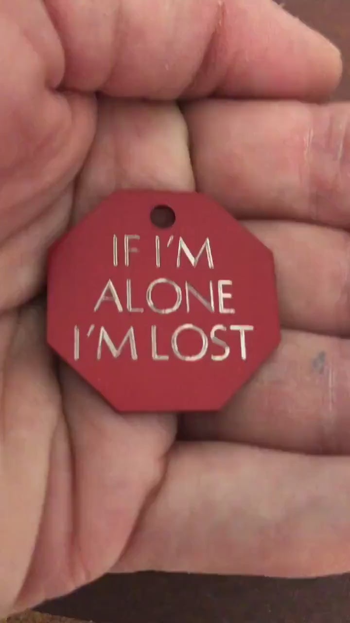 If I’m alone I’m lost, Large Stop Sign Aluminum Tag, Personalized Diamond Engraved, Cat, Kitten ID Dog Tags For Cat Collar, For Dog Collar