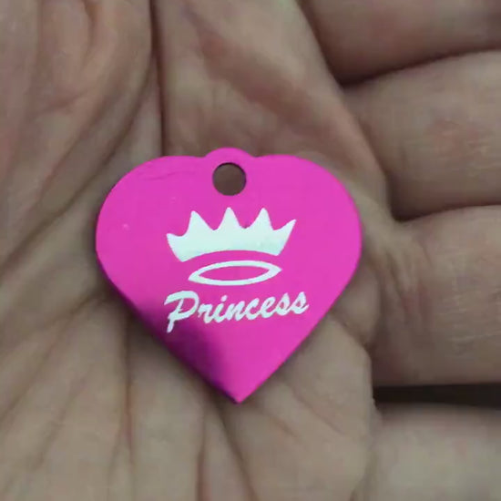 Princess Crown Print Small Pink Heart, Aluminum Tag Personalized Diamond Engraved, Pet Tag, Cat Tag, Dog Tag, For Bags, For Collars. PPCSPH