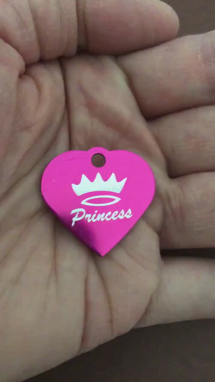 Princess Crown Print Small Pink Heart, Aluminum Tag Personalized Diamond Engraved, Pet Tag, Cat Tag, Dog Tag, For Bags, For Collars. PPCSPH
