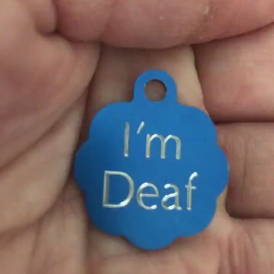 I'm Deaf, Small Blue Rosette Aluminum Tag, Personalized Diamond Engraved, Cat Tags, ID Tags, Dog Tags, For Cat Collar, For Dog Collar