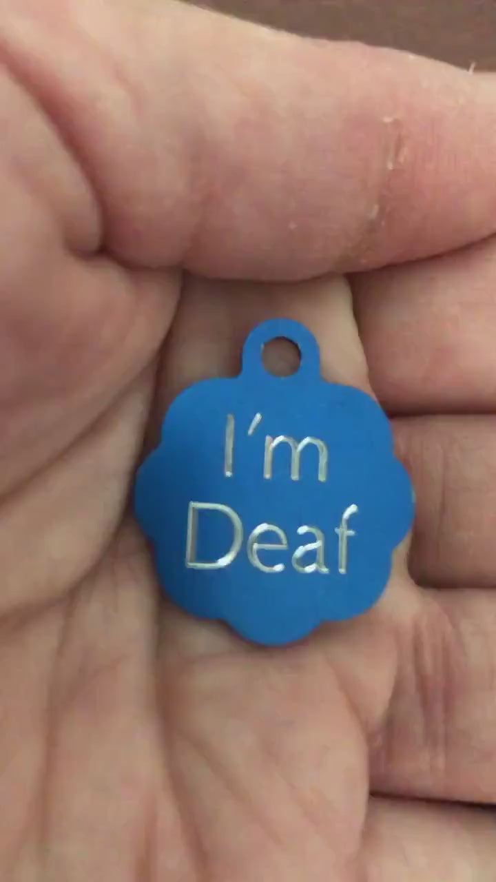 I'm Deaf, Small Blue Rosette Aluminum Tag, Personalized Diamond Engraved, Cat Tags, ID Tags, Dog Tags, For Cat Collar, For Dog Collar