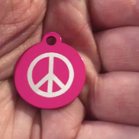 Peace Sign, Small Circle Pink Aluminum Tag, Personalized Diamond Engraved, Dog Tag, ID Tag, Cat Tag, Kitten Tag ,Puppy Tag, For Dog Collar