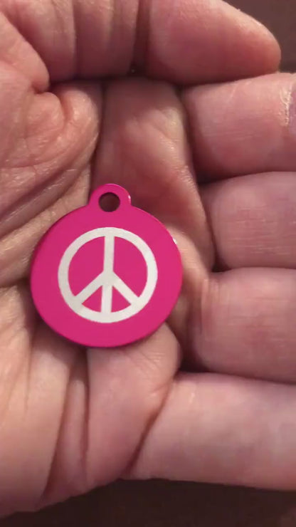 Peace Sign, Small Circle Pink Aluminum Tag, Personalized Diamond Engraved, Dog Tag, ID Tag, Cat Tag, Kitten Tag ,Puppy Tag, For Dog Collar