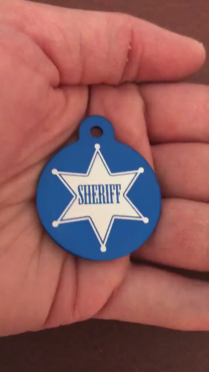 Sheriff Tag, Large Blue Circle Tag Personalized Aluminum Tag Diamond Engraved Dog Tag Cat Tag Animal Tag Kitty Tag Puppy Tag For Dog SBLBC