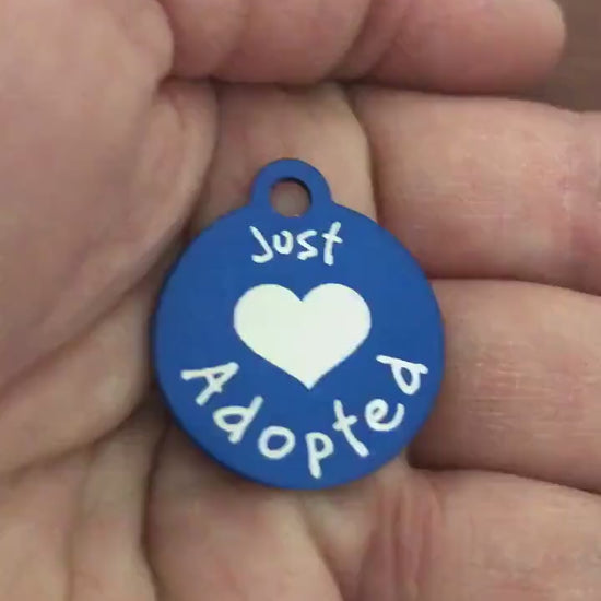 Just Adopted, Small Blue Circle Aluminum Tag, Personalized Diamond Engraved, Cat ID, Dog ID, Cat tag Dog Tag Pet Tags Id Tags For Cat Collar