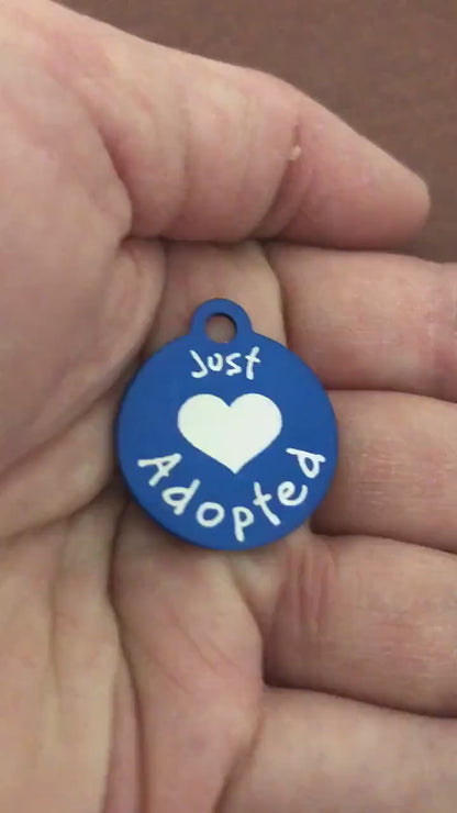 Just Adopted, Small Blue Circle Aluminum Tag, Personalized Diamond Engraved, Cat ID, Dog ID, Cat tag Dog Tag Pet Tags Id Tags For Cat Collar