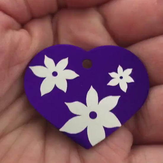 Lily Floral Print Large Purple Heart Personalized Aluminum Tag, Diamond Engraved, Key Chain, Keychain, For Lost Keys LFPLPUH