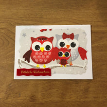 Load image into Gallery viewer, Fröhliche Weihnachten Eulen Deutsche Karte Weihnachtskarte Handgemacht, Merry Christmas Owl German Christmas Card handmade