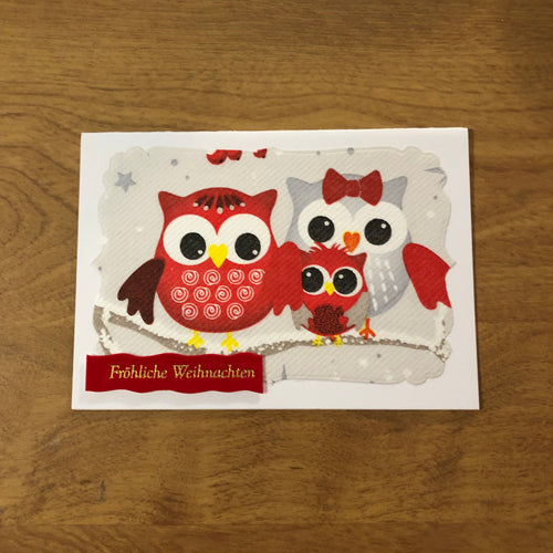 Fröhliche Weihnachten Eulen Deutsche Karte Weihnachtskarte Handgemacht, Merry Christmas Owl German Christmas Card handmade