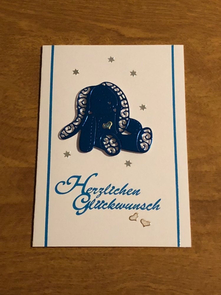 Baby Hertzlichen Gluckwunsch Deutsche Karte Handgemacht German Handmade Baby Card With Bunny