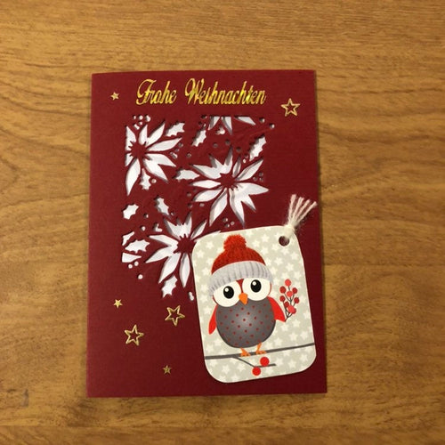 Frohe Weihnachten Eule Deutsche Karte Weihnachtskarte Handgemacht, Merry Christmas Owl German Christmas Card handmade
