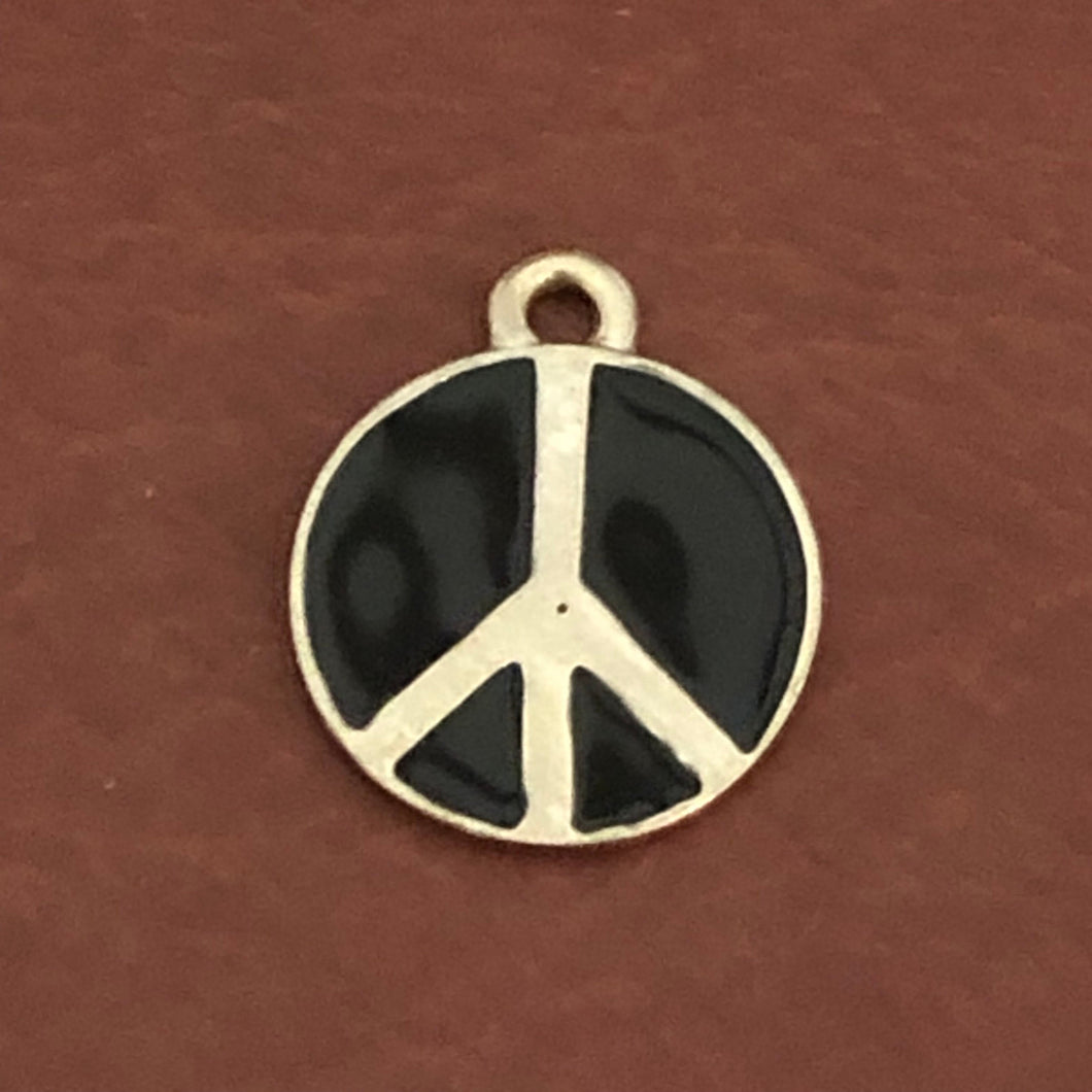 Black Peace Sign Small Pewter Circle Tag Personalized Diamond Engraved