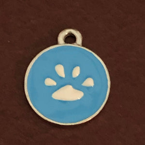 Blue Paw Print, Paw Small Pewter Circle Tag Personalized Diamond Engraved