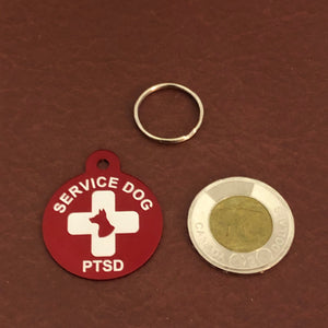 PTSD Service Dog Dog and Cross Large Circle Diamond Engraved Personalized Aluminum Tags PTSDDCLRC
