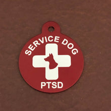 Load image into Gallery viewer, PTSD Service Dog Dog and Cross Large Circle Diamond Engraved Personalized Aluminum Tags PTSDDCLRC