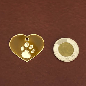 Paw Tag, Large Brown Heart Gold Plated Brass Tag, Pawsh Tag, PTLBNHG