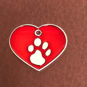 Paw Tag, Large Red Heart Silver Plated Brass Tag, Pawsh Tag, Diamond Engraved Personalized Dog Tag, Cat Tag, For Dog Collars For Cat Collars